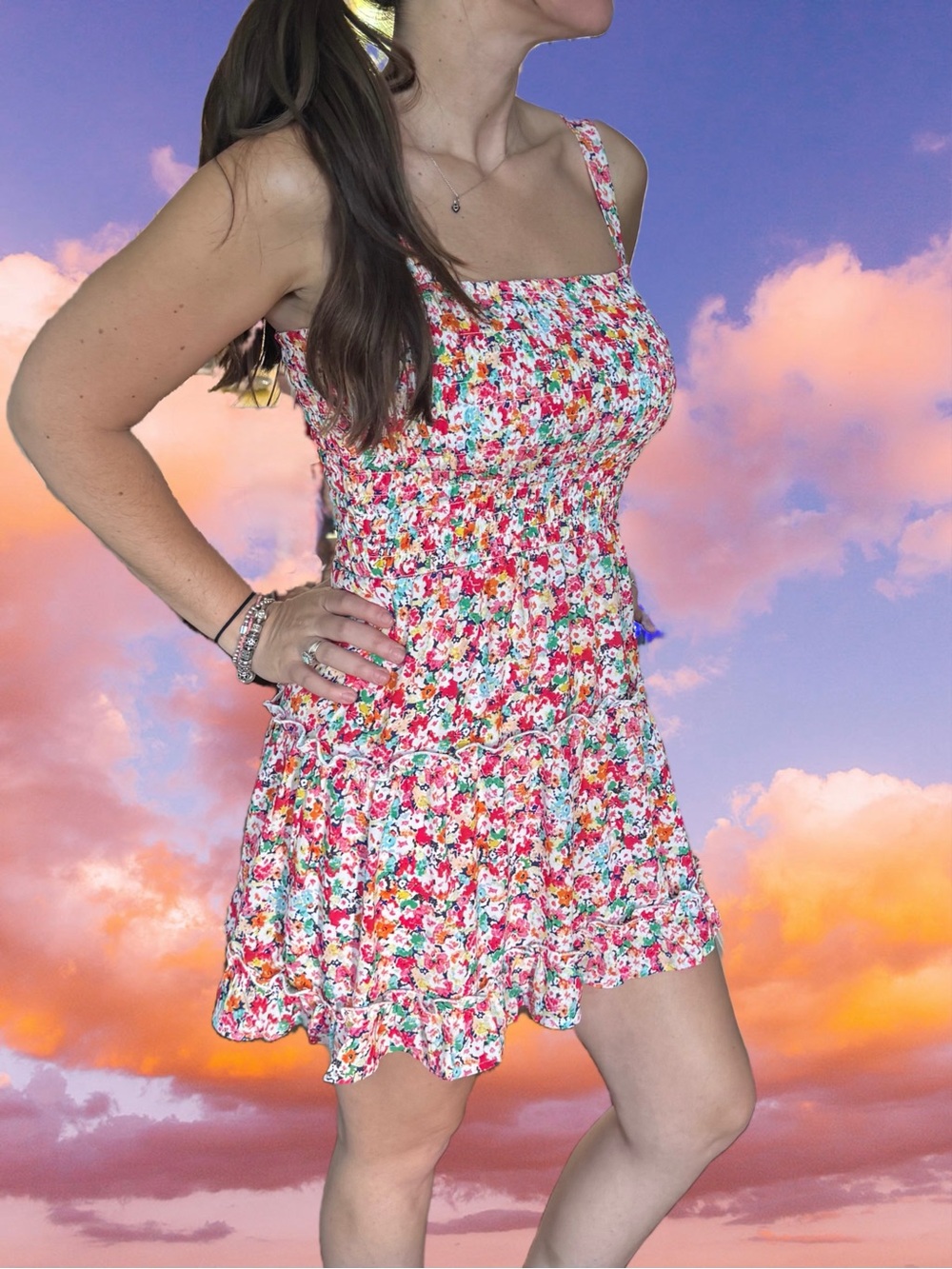 Jessica Simpson Pink Multi Floral Smocked Mini Dress
